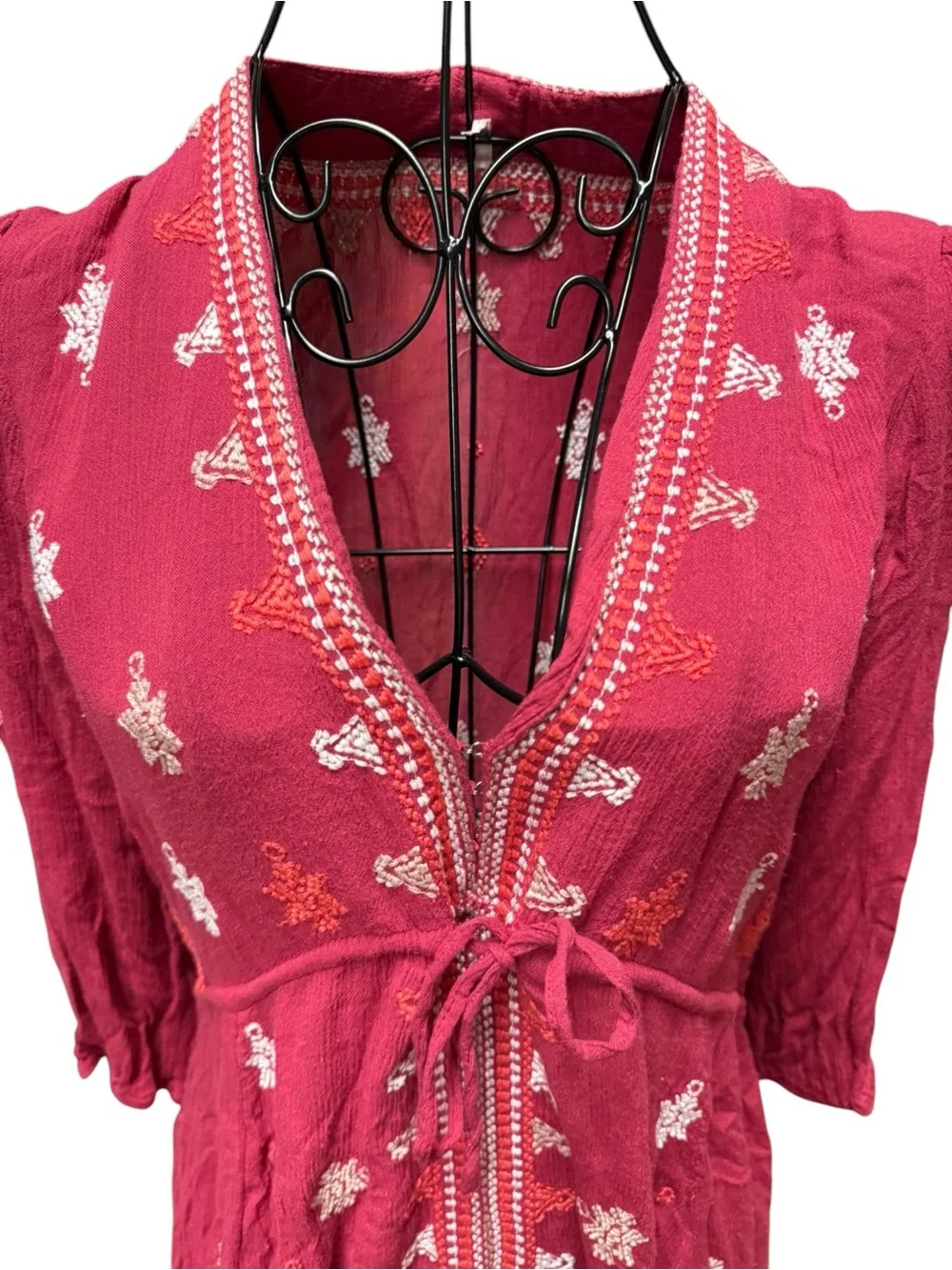 Free People Rose Pink Embroidered Tie Waist Boho Tunic Dress Small